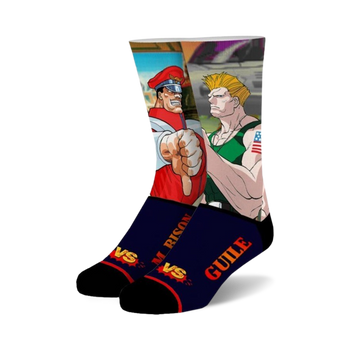  street fighter themed socks with chun-li and guile fight scene. available for men and women in crew sock length.  