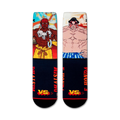 Flatlay showcasing a pair of Street Fighter Dhalsim vs E. Honda crew socks. 