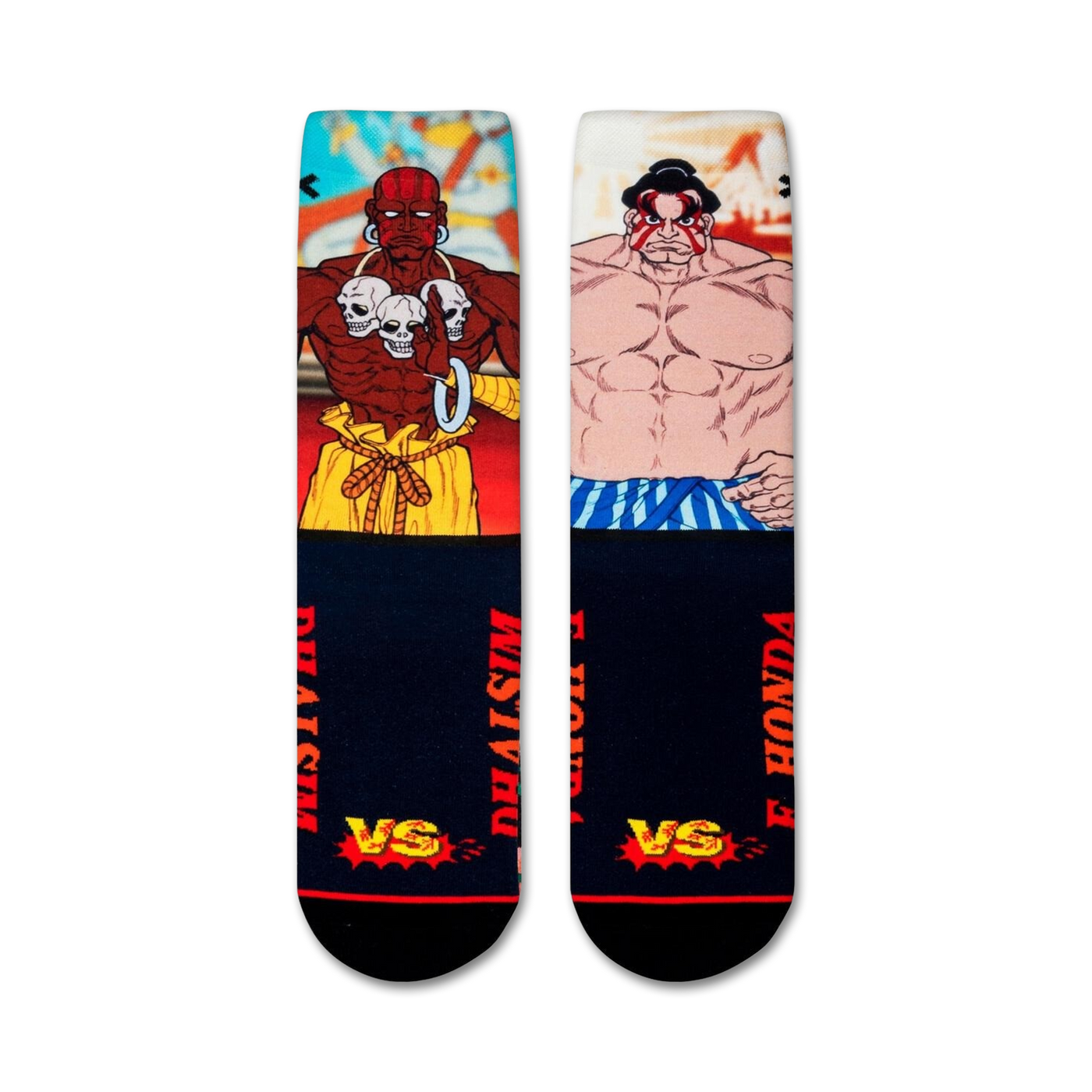 Flatlay showcasing a pair of Street Fighter Dhalsim vs E. Honda crew socks. 
