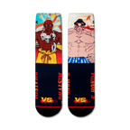Flatlay showcasing a pair of Street Fighter Dhalsim vs E. Honda crew socks. 