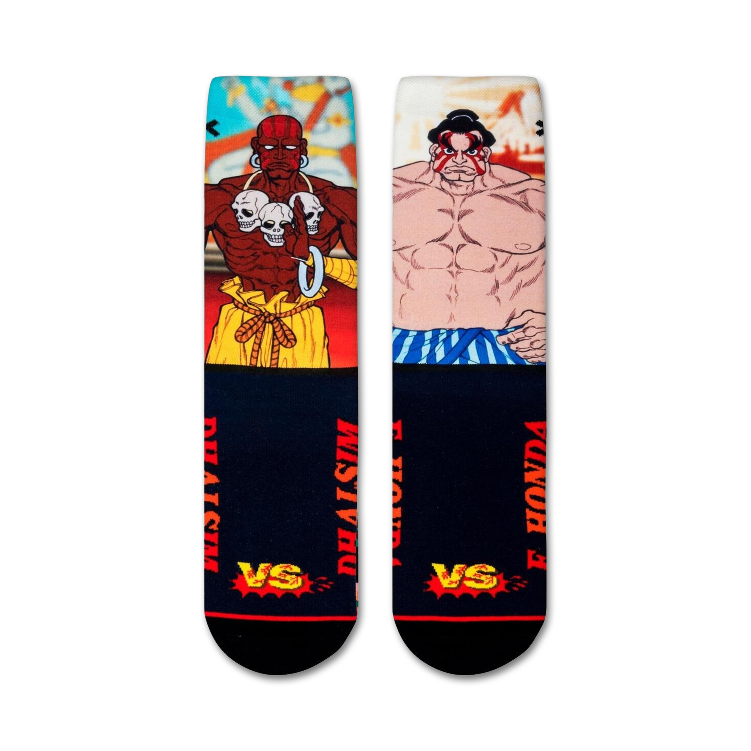 Flatlay showcasing a pair of Street Fighter Dhalsim vs E. Honda crew socks. 