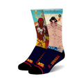 Crew socks featuring Street Fighter characters Dhalsim and E. Honda in red, blue, and black. 