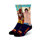 Crew socks featuring Street Fighter characters Dhalsim and E. Honda in red, blue, and black. 