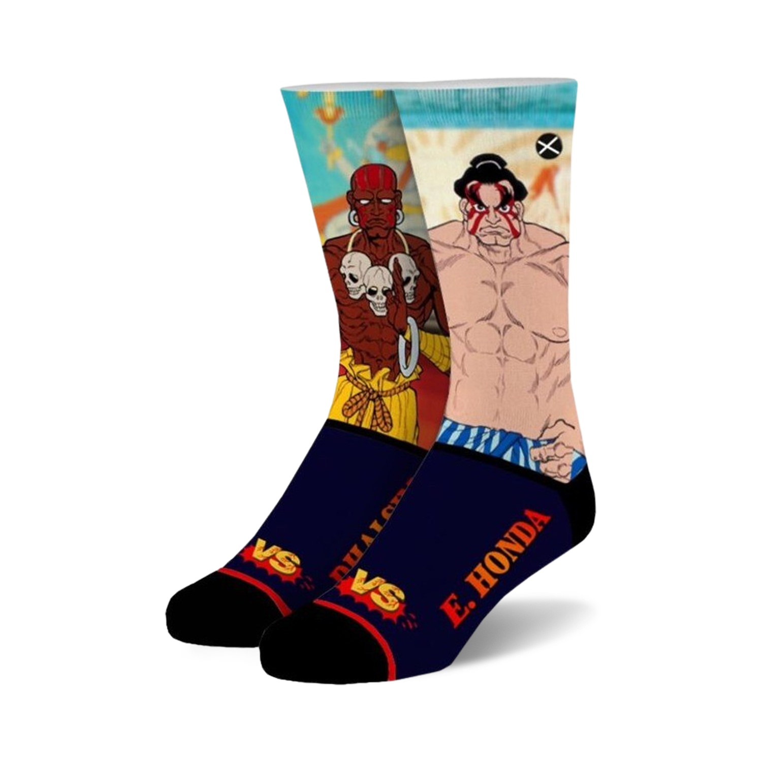 Crew socks featuring Street Fighter characters Dhalsim and E. Honda in red, blue, and black. 