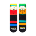 Flatlay image showcasing a pair of South Park crew socks featuring Stan and Kyle.