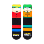 Flatlay image showcasing a pair of South Park crew socks featuring Stan and Kyle.