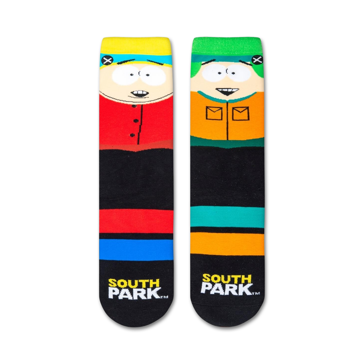 Flatlay image showcasing a pair of South Park crew socks featuring Stan and Kyle.