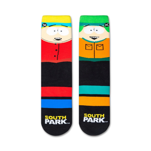 A red sock with a cartoon character from South Park, Cartman, on the leg.