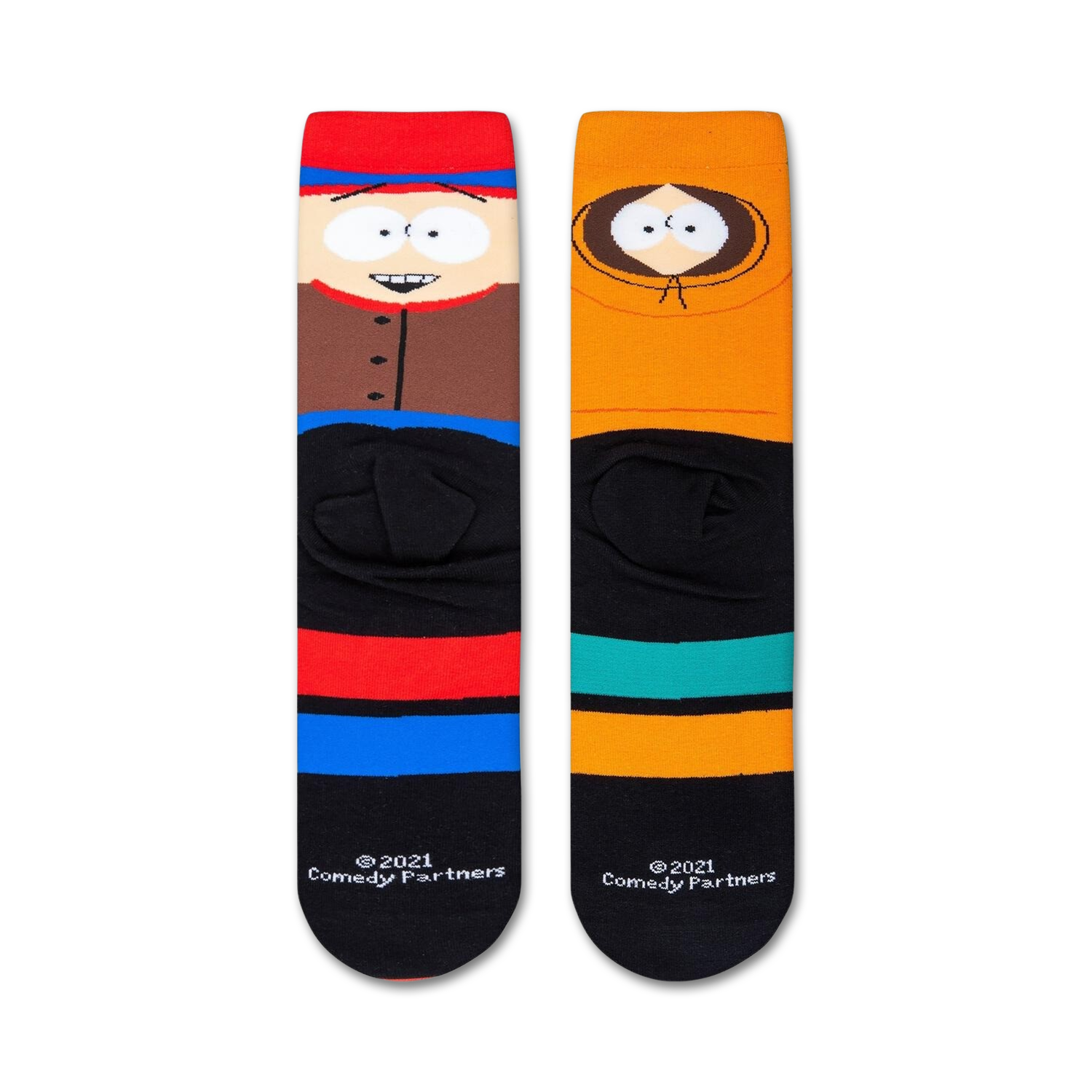 Close-up view of South Park socks highlighting the colorful stripes and character details.
