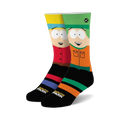 Pair of South Park crew socks; Stan and Kyle's faces on black background with red, orange, blue, and green stripes.