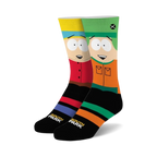 Pair of South Park crew socks; Stan and Kyle's faces on black background with red, orange, blue, and green stripes.
