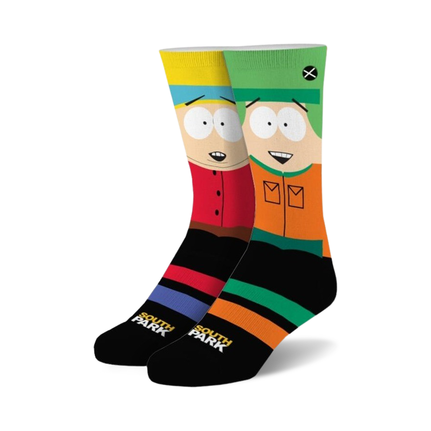 Pair of South Park crew socks; Stan and Kyle's faces on black background with red, orange, blue, and green stripes.