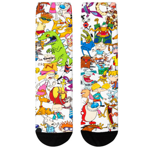Close-up shot of '90s Squad' socks showcasing the vibrant cartoon character details.