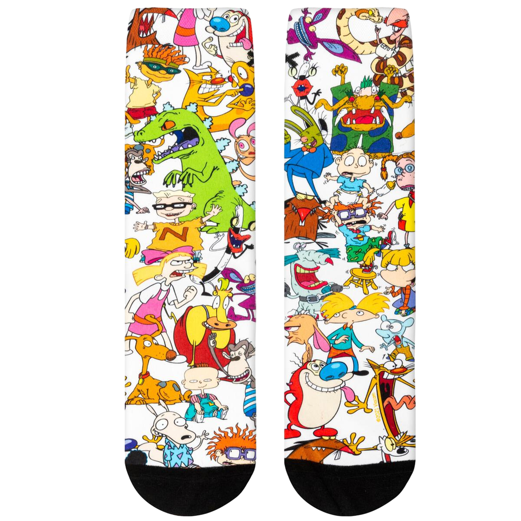 Close-up shot of '90s Squad' socks showcasing the vibrant cartoon character details.