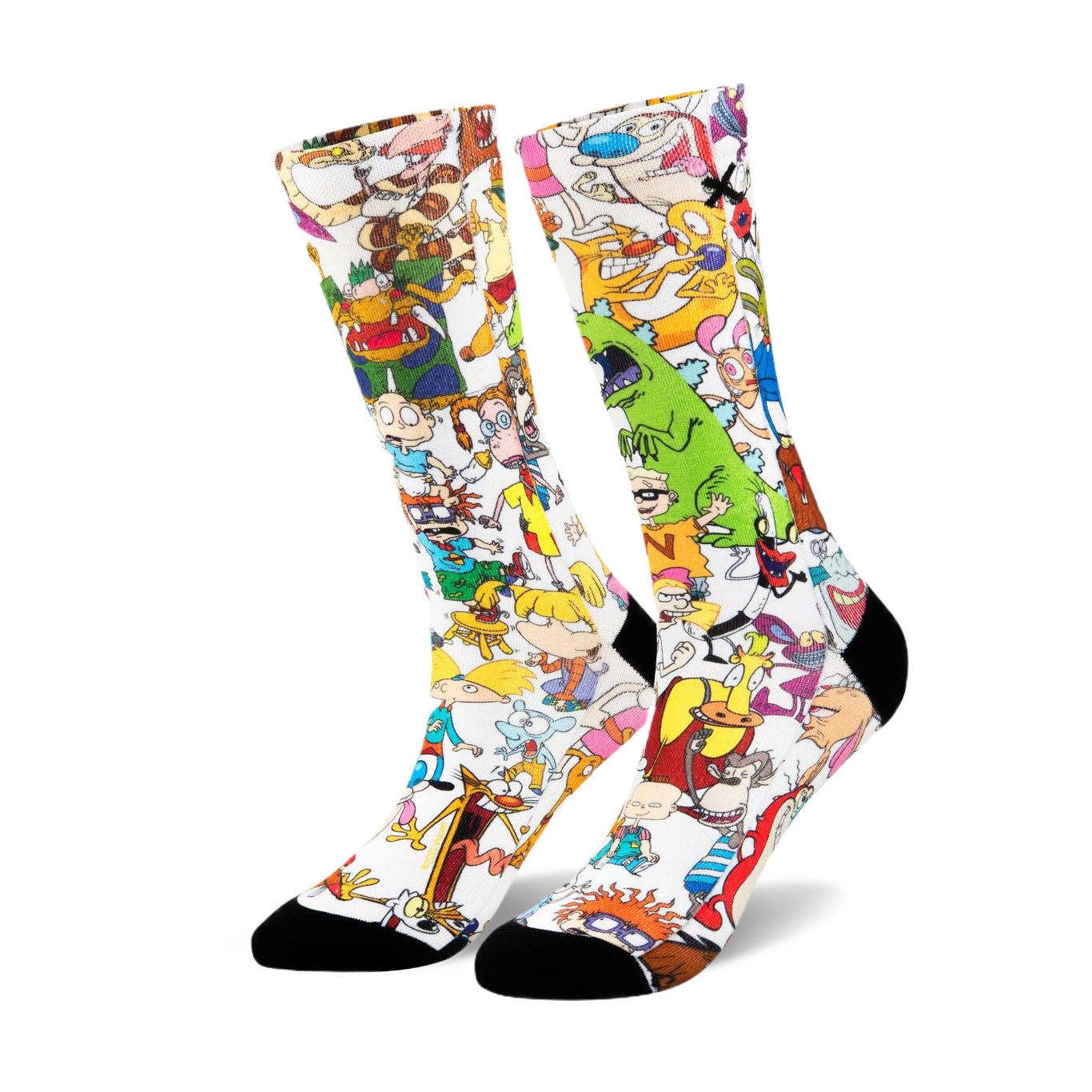 Pair of crew socks with a white background featuring a colorful, all-over print of 90s cartoon characters. Black reinforced heel and toe.