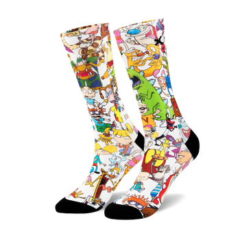 Pair of crew socks with a white background featuring a colorful, all-over print of 90s cartoon characters. Black reinforced heel and toe.