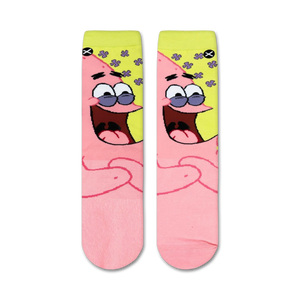 A close up of a pink and yellow sock with a cartoon character, Patrick Star from Spongebob Squarepants, on it.