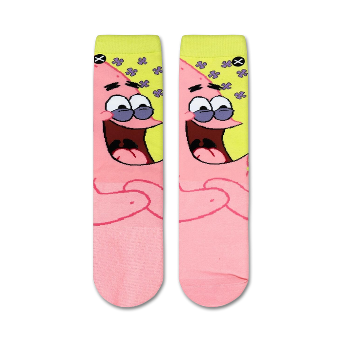 A close up of a pink and yellow sock with a cartoon character, Patrick Star from Spongebob Squarepants, on it.