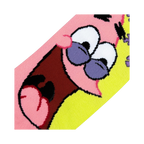 Close-up detail shot of Patrick Star's face on the sock, highlighting the vibrant colors and knit texture.
