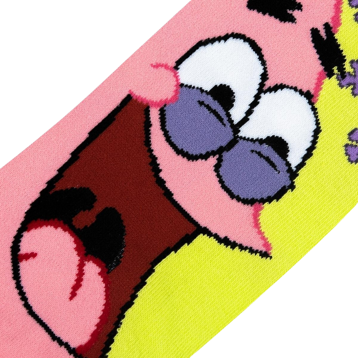 A close up of a pink and yellow sock with a cartoon character, Patrick Star from Spongebob Squarepants, on it.