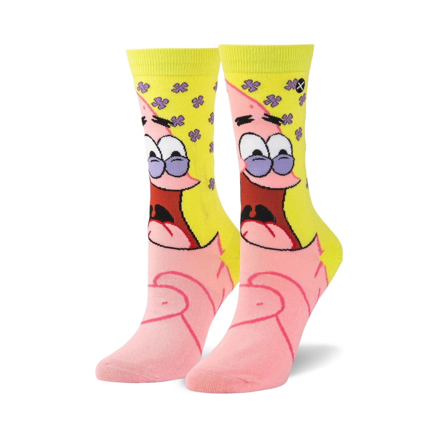 Crew socks featuring a large image of Patrick Star from Spongebob Squarepants.  Pink and yellow color scheme with purple and brown details.