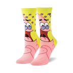 Crew socks featuring a large image of Patrick Star from Spongebob Squarepants.  Pink and yellow color scheme with purple and brown details.