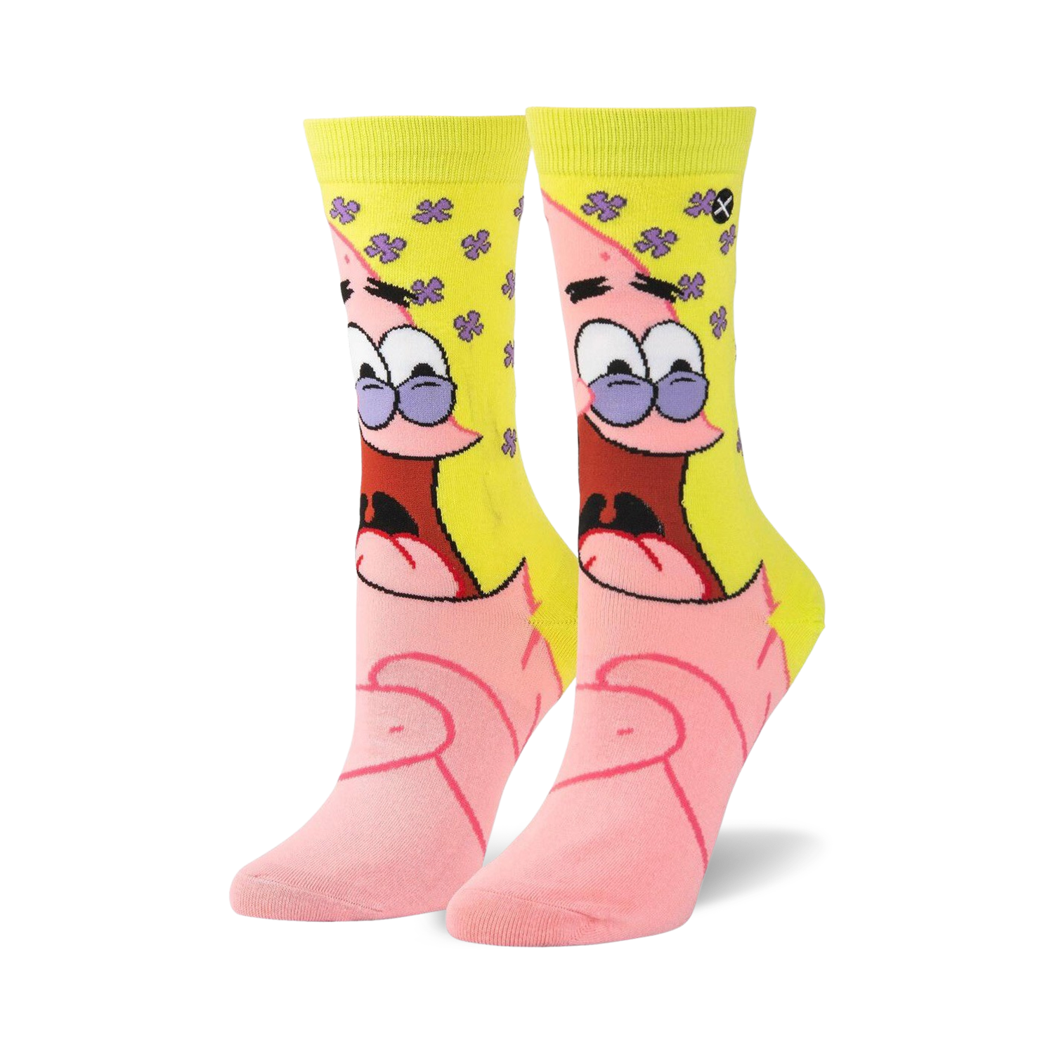Crew socks featuring a large image of Patrick Star from Spongebob Squarepants.  Pink and yellow color scheme with purple and brown details.