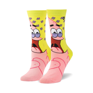 yellow crew socks with purple toe and heel featuring cartoon character patrick star from spongebob squarepants.   