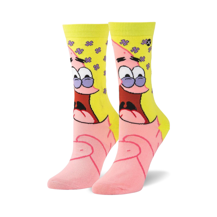 yellow crew socks with purple toe and heel featuring cartoon character patrick star from spongebob squarepants.   