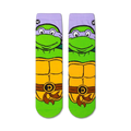Pair of Donatello TMNT socks shown from the front. 