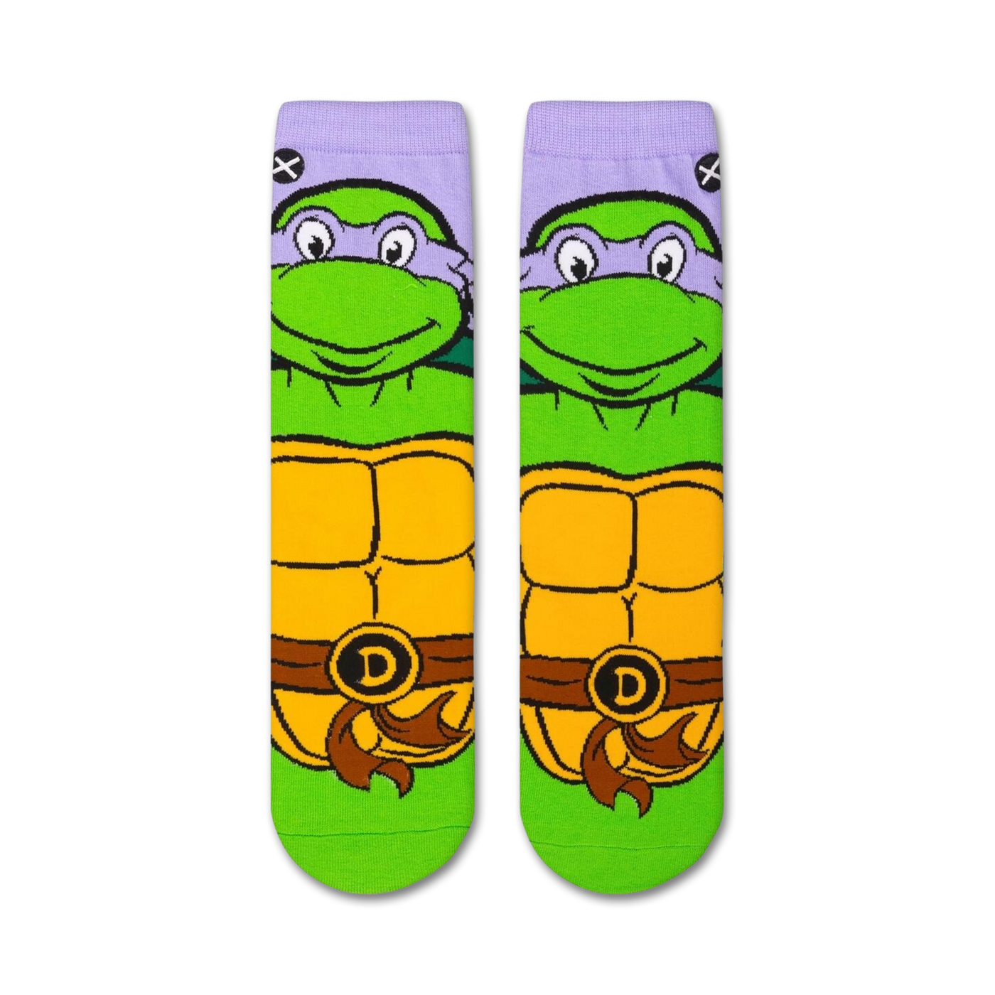 Pair of Donatello TMNT socks shown from the front. 