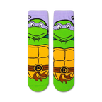Pair of Donatello TMNT socks shown from the front. 