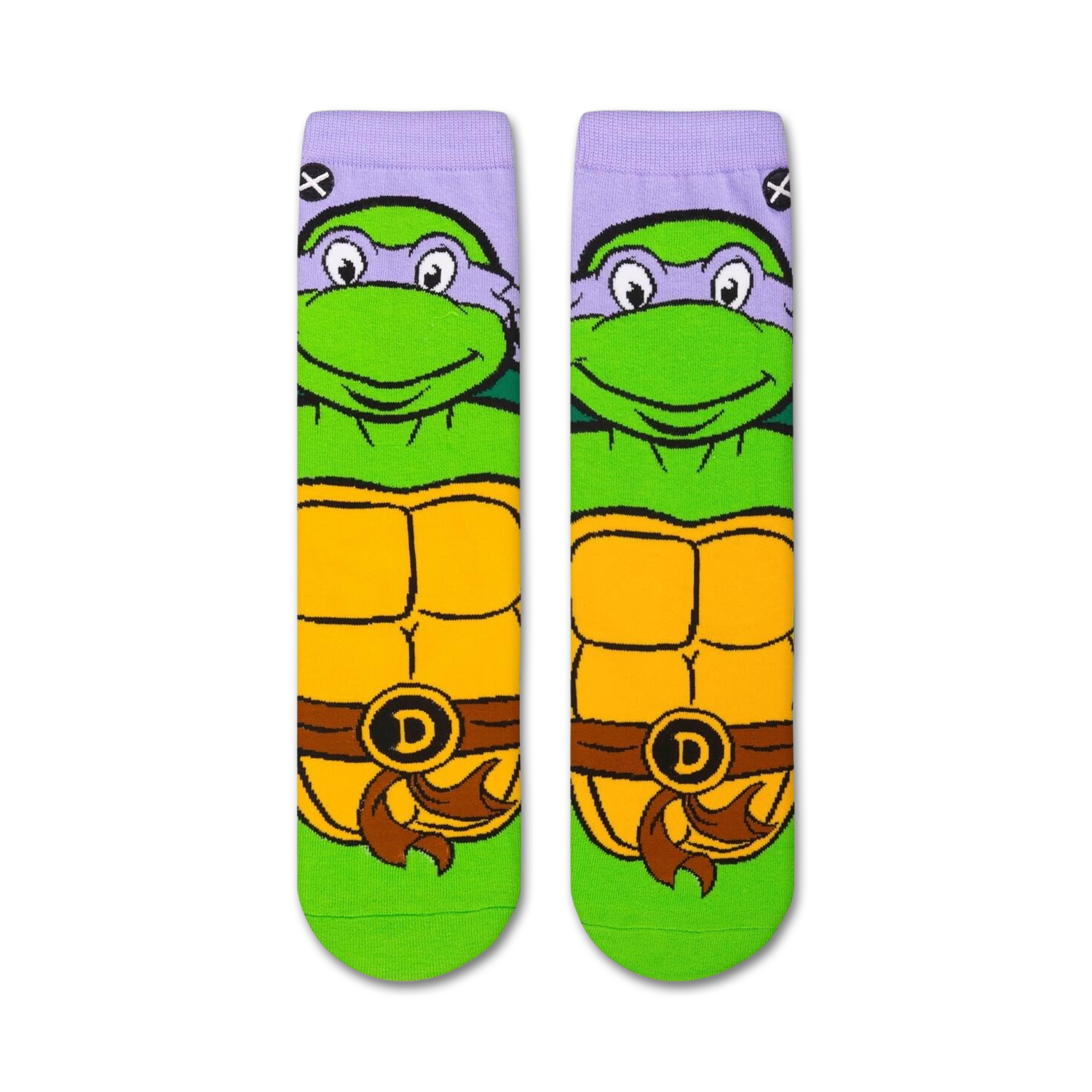 Pair of Donatello TMNT socks shown from the front. 