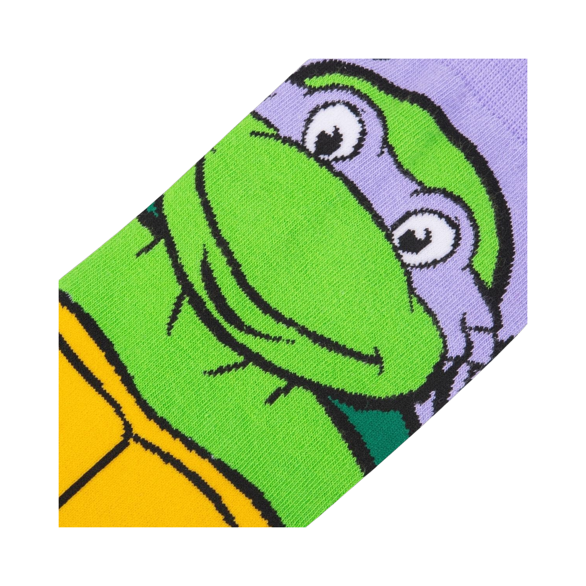 Close-up detail shot of Donatello's face on the TMNT socks.