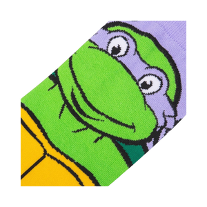Close-up detail shot of Donatello's face on the TMNT socks.