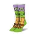 Crew socks showcasing Donatello from TMNT. Purple, green, and yellow colors with Donatello's face and shell design.