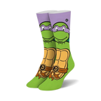 Crew socks showcasing Donatello from TMNT. Purple, green, and yellow colors with Donatello's face and shell design.