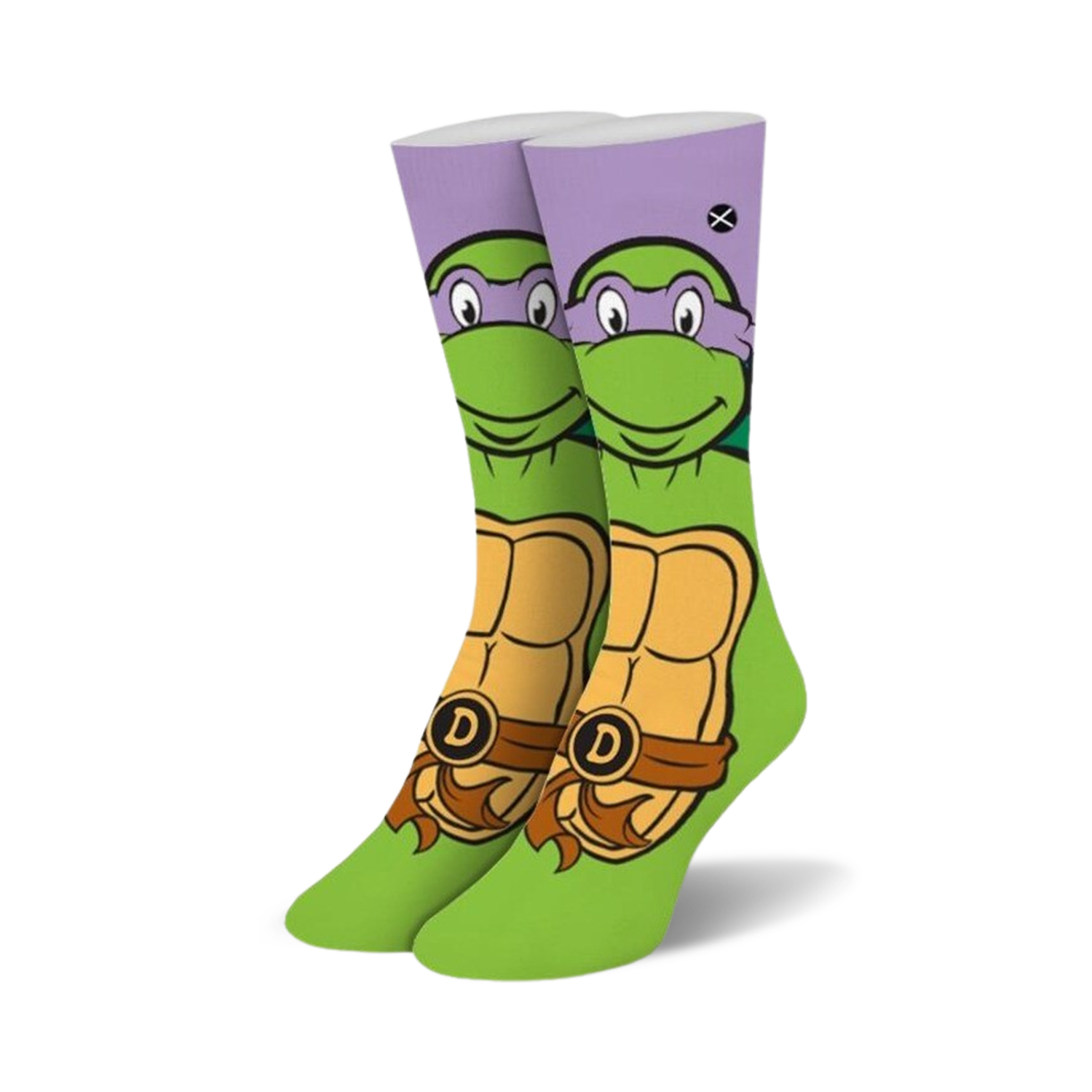 Crew socks showcasing Donatello from TMNT. Purple, green, and yellow colors with Donatello's face and shell design.