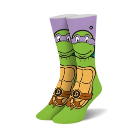 green crew socks with purple top featuring image of donatello from teenage mutant ninja turtles.   