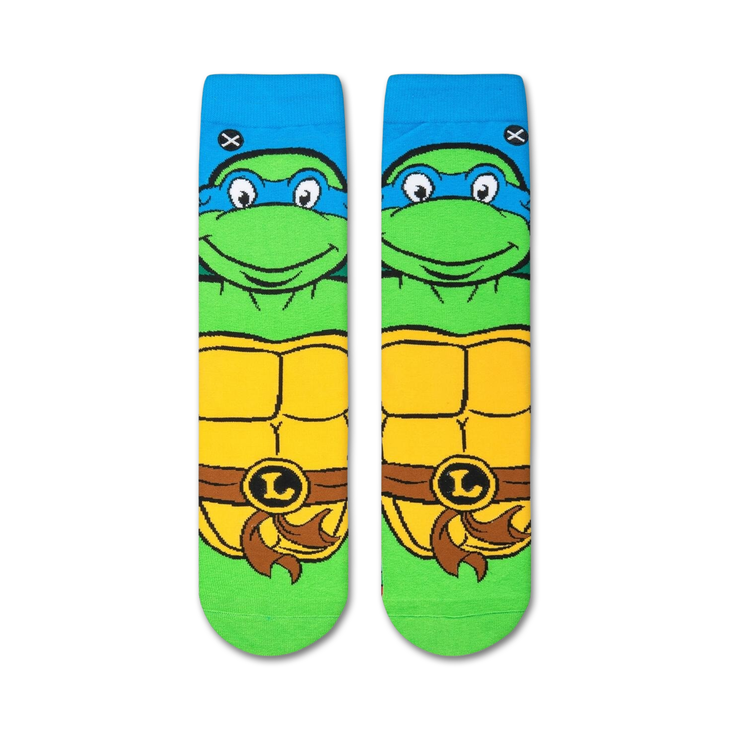 Pair of TMNT Leonardo crew socks laid flat, showcasing the full design.