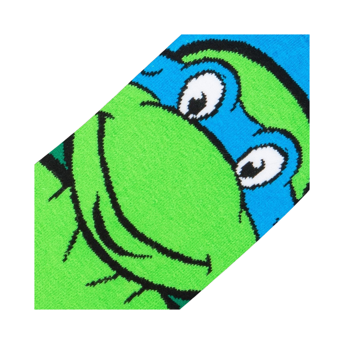 Close-up detail shot of Leonardo's face on the TMNT socks, highlighting the intricate design.
