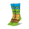 Crew socks featuring Leonardo from Teenage Mutant Ninja Turtles. Green, blue, and orange colors; detailed illustration of Leonardo's face and shell.