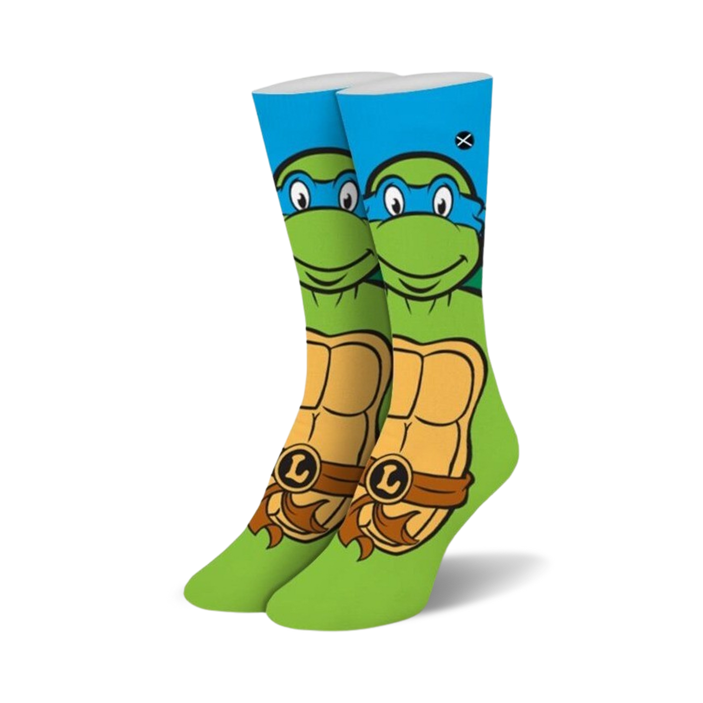 Crew socks featuring Leonardo from Teenage Mutant Ninja Turtles. Green, blue, and orange colors; detailed illustration of Leonardo's face and shell.