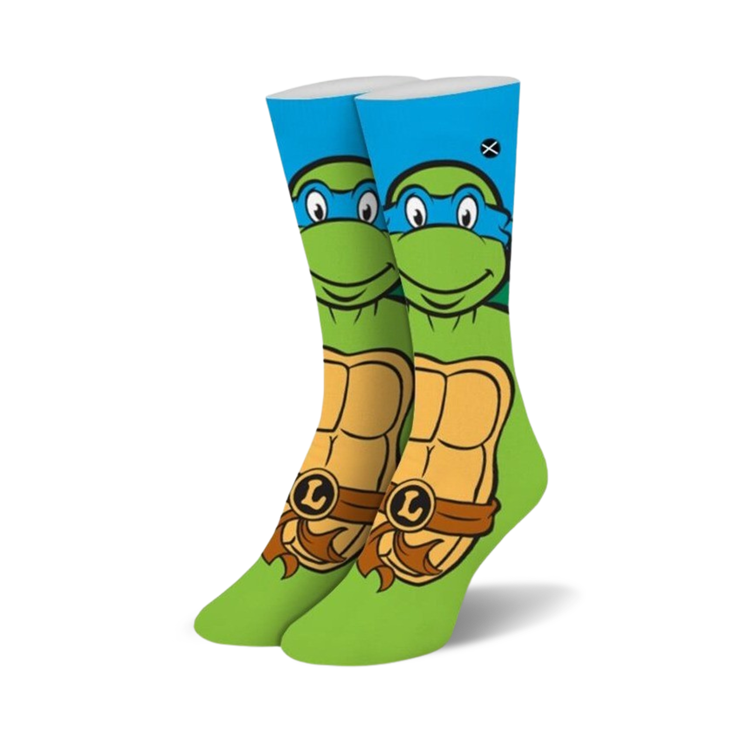 Crew socks featuring Leonardo from Teenage Mutant Ninja Turtles. Green, blue, and orange colors; detailed illustration of Leonardo's face and shell.