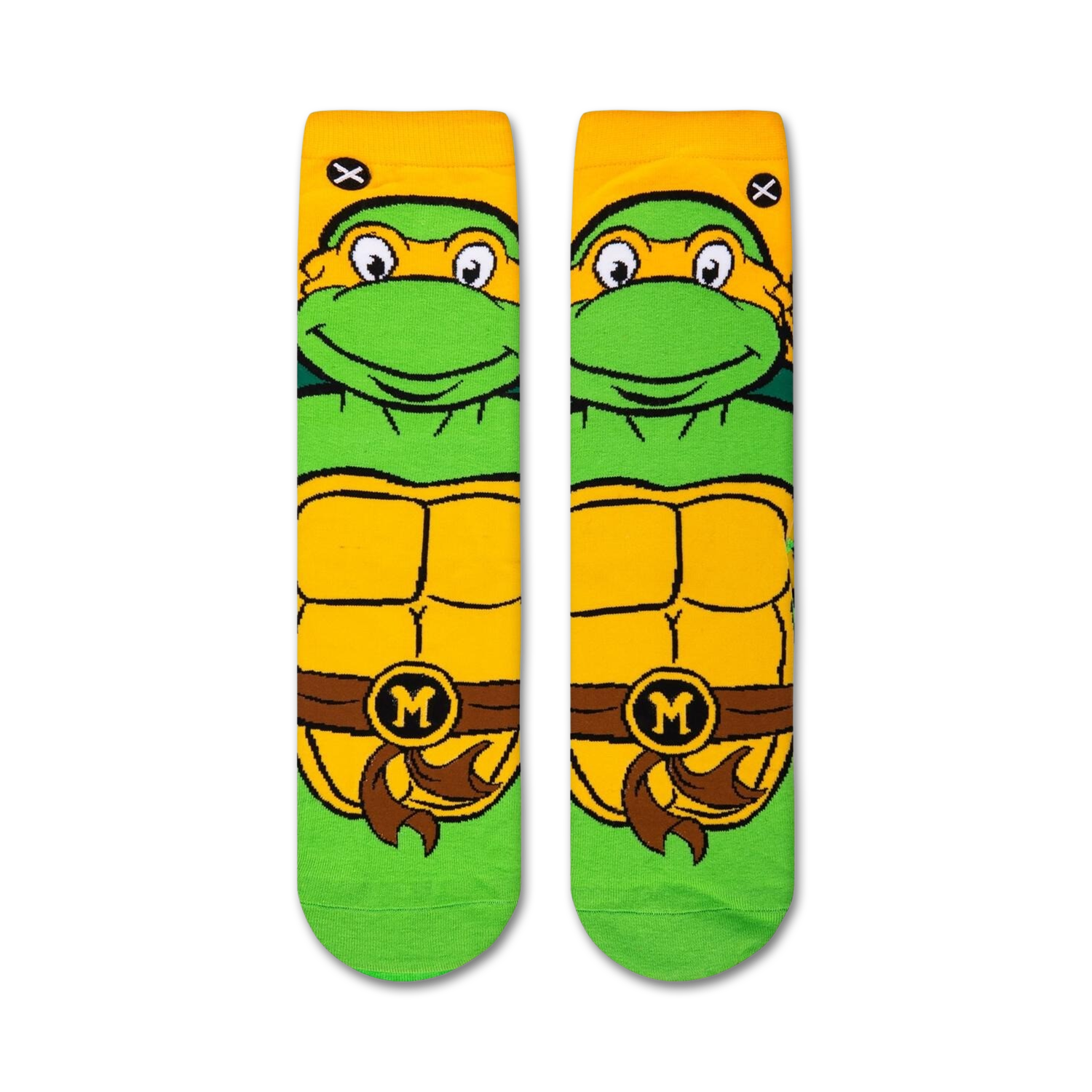 Pair of Michelangelo Teenage Mutant Ninja Turtles socks shown against a white background.