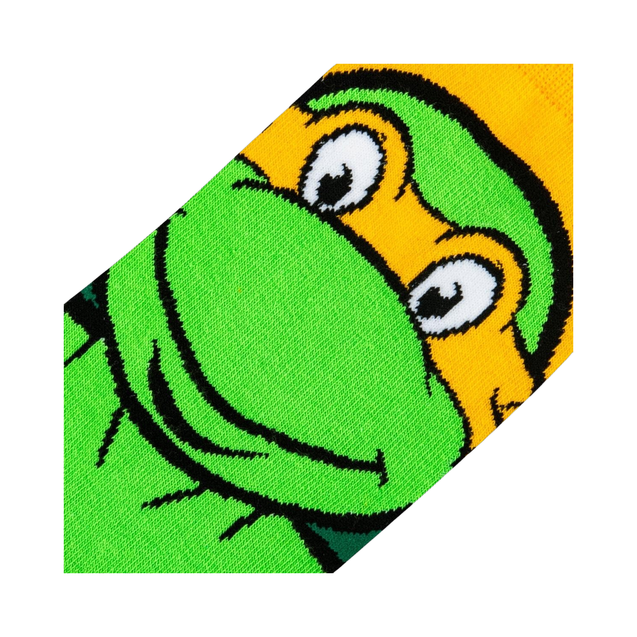 Close-up detail shot showcasing the texture and colors of Michelangelo's face on the TMNT socks.