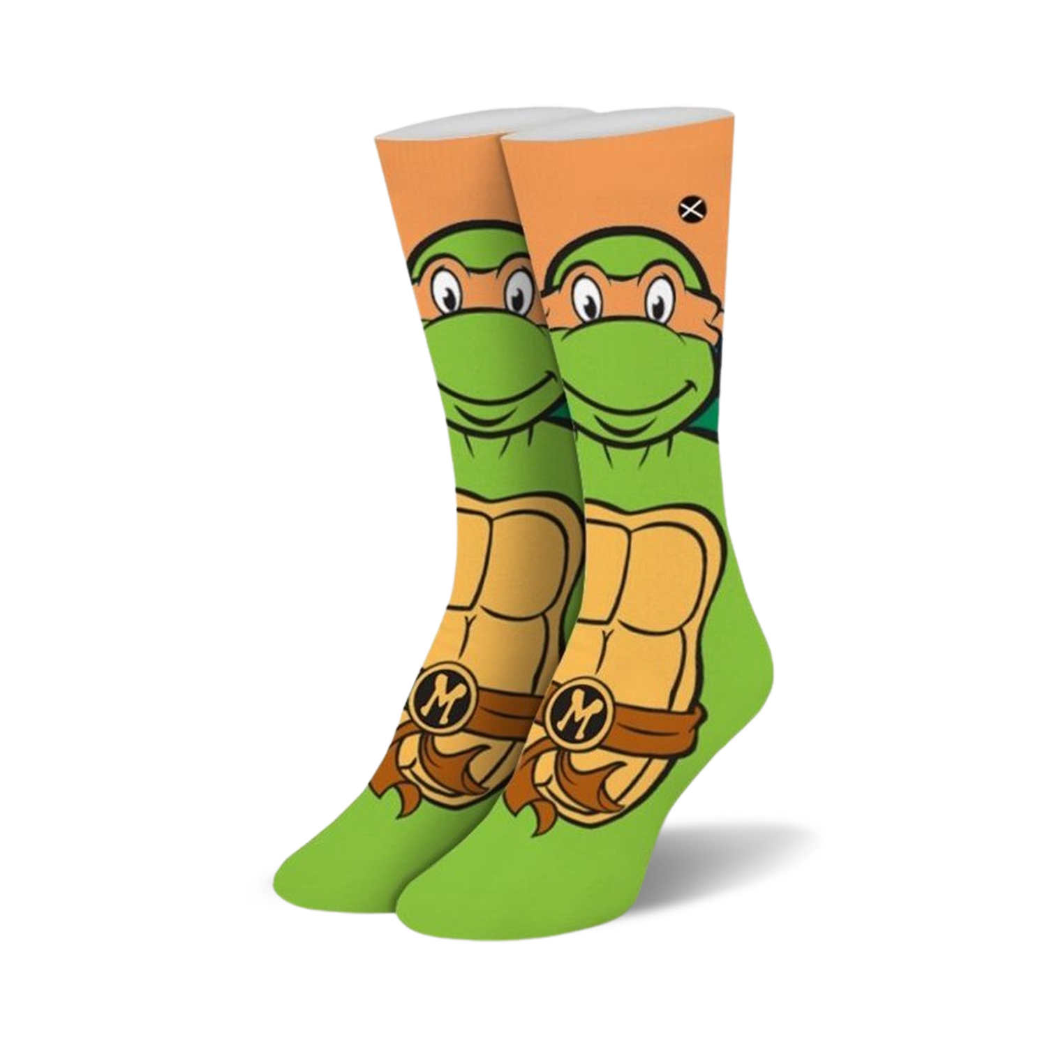 Crew socks in green and orange, featuring Michelangelo's face and shell from Teenage Mutant Ninja Turtles.  The 'M' is visible on his belt.