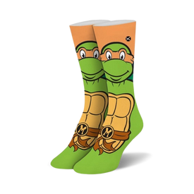 green crew socks with image of michelangelo from teenage mutant ninja turtles.   