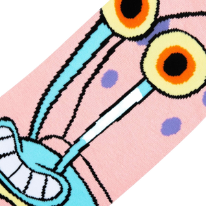 A close up image of a pair of socks with a light pink background and a cartoon character, Gary the Snail from Spongebob Squarepants. Gary is smiling with his tongue out and has two large eyes.