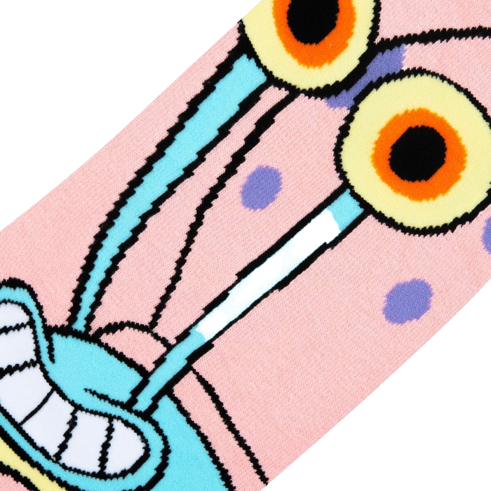 A close up image of a pair of socks with a light pink background and a cartoon character, Gary the Snail from Spongebob Squarepants. Gary is smiling with his tongue out and has two large eyes.